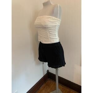 Miami by Francesca Boho Knit Fringe Drawstring Shorts Black Lace Crochet Fringe